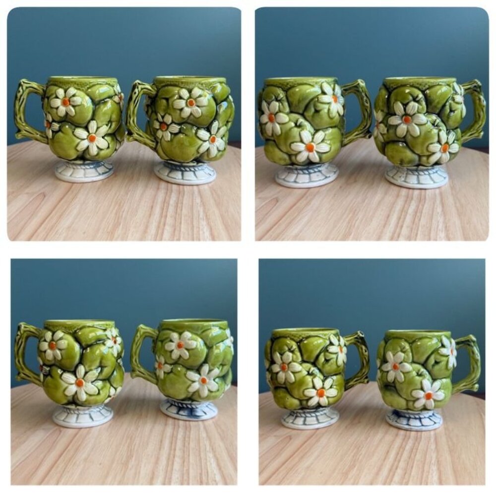 Vintage Inarco 1967 Green Apple Daisy Ceramic Mugs Japan Set Of 4 Coffee Tea Cup - Picture 4 of 9